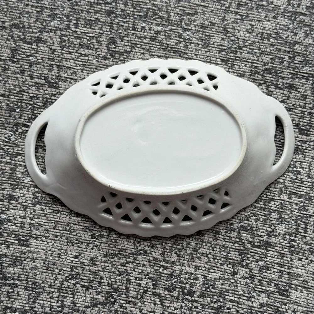 Vintage Reticulated Porcelain Trinket Dish Gold Trim Floral Vanity Tray Handles